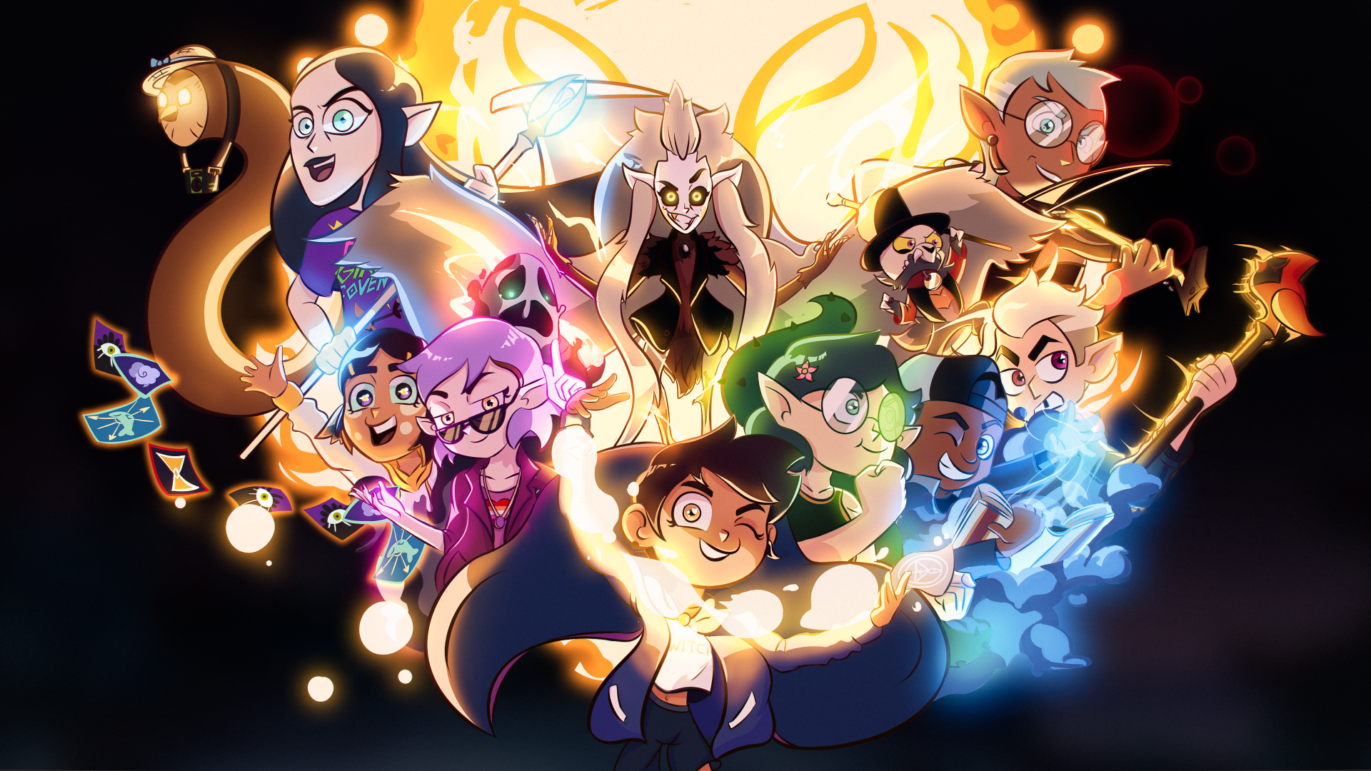 Vibrant 4K Ultra HD desktop wallpaper featuring characters from the TV show The Owl House in dynamic poses with glowing magical effects on a dark background.