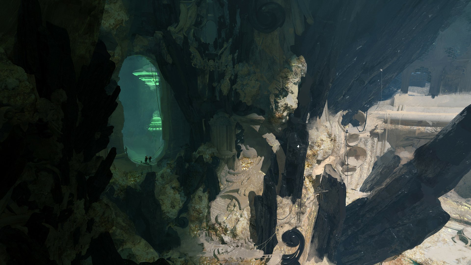 Fantasy cave HD PC desktop wallpaper and background: expansive shadowed cavern with glowing emerald chamber, towering stalagmites and hints of ancient ruins bathed in pale light.