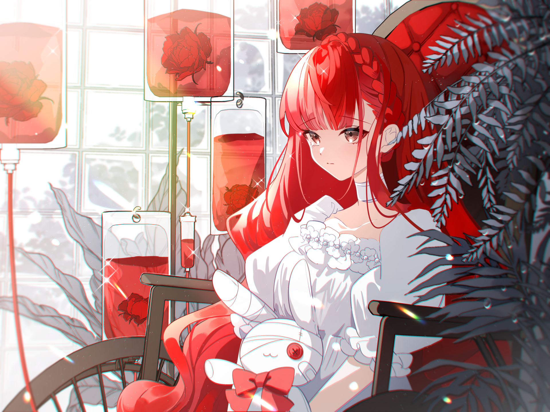 A vibrant anime girl with long red hair in a white dress holds a plush bunny, sitting by a window surrounded by red lanterns and foliage, rendered in 4K Ultra HD.