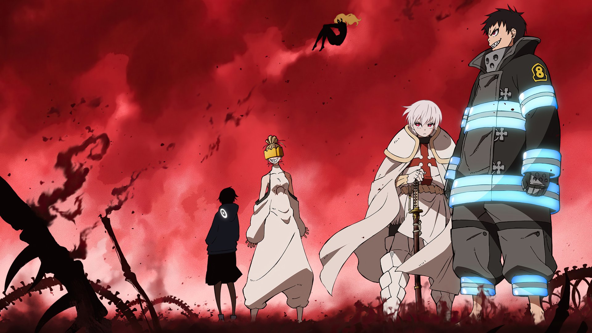 4K Ultra HD Fire Force anime wallpaper featuring four characters standing against a fiery red sky with embers floating around, capturing intense and dynamic energy.