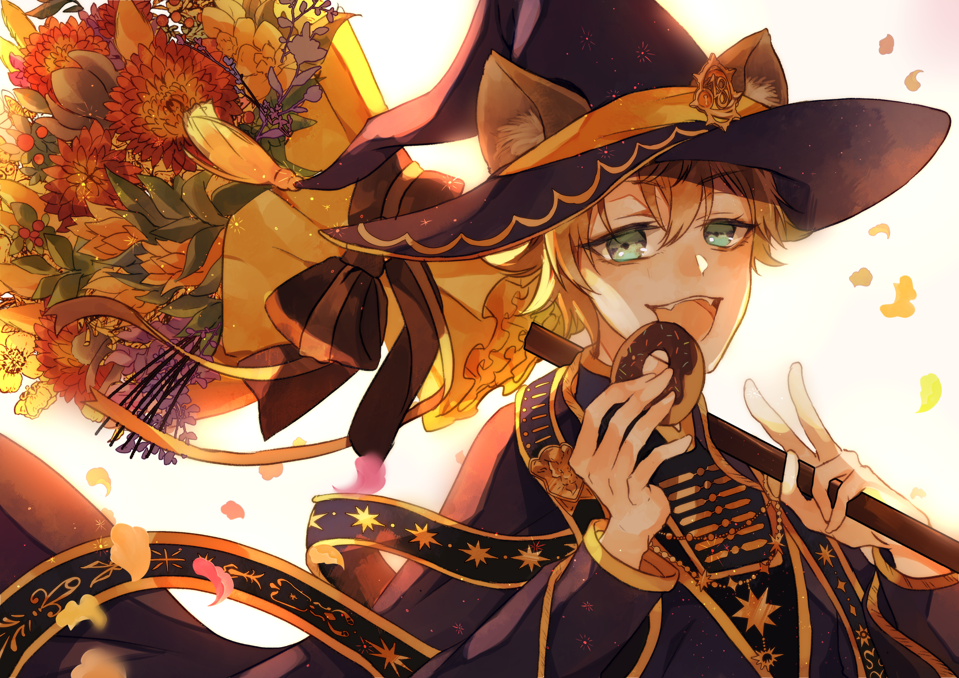 Ruggie Bucchi from the video game Twisted Wonderland — 4K Ultra HD PC desktop wallpaper of him in a witch hat, holding a cookie amid sunflowers and warm autumn light.