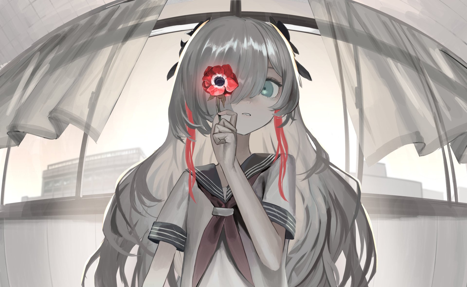 sad anime girl with white hair and red eyes