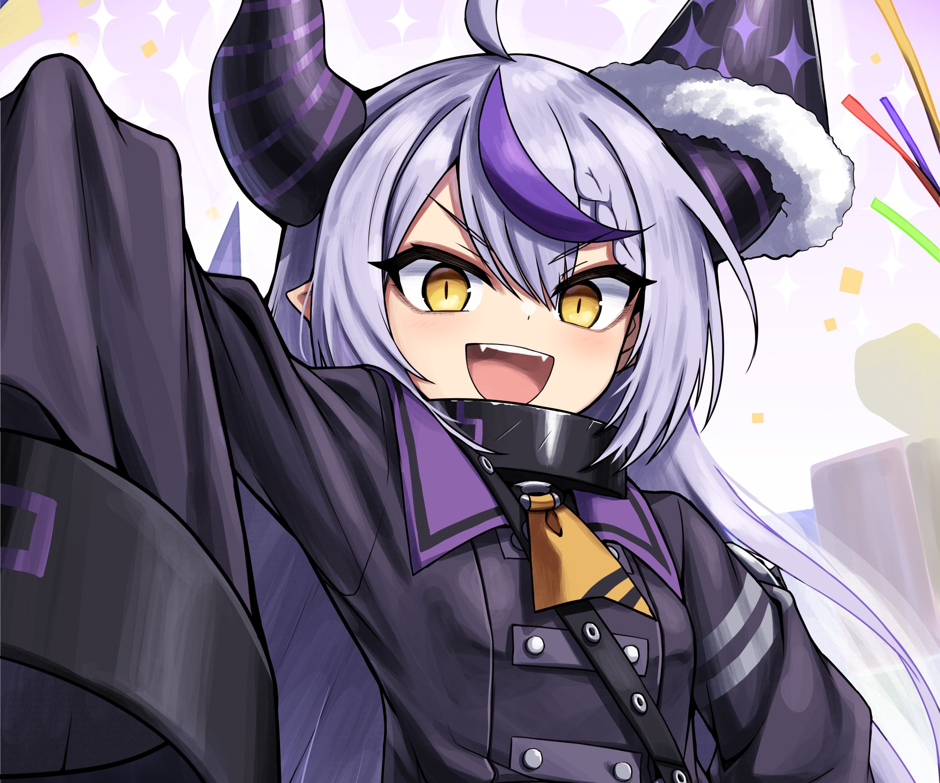 4K Ultra HD anime-style PC wallpaper featuring La+ Darknesss, a Virtual YouTuber from hololive, with striking yellow eyes and vibrant purple and black attire.