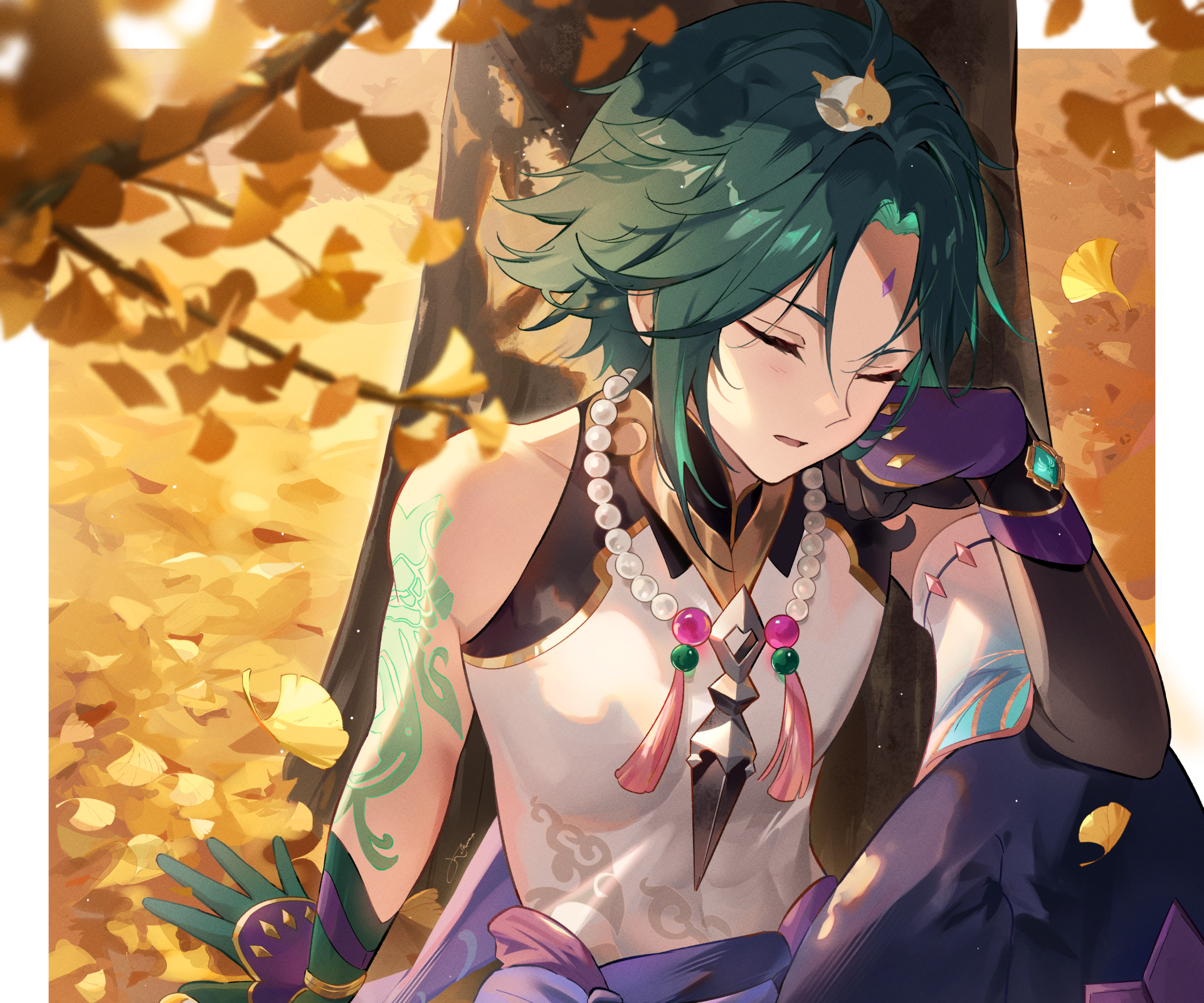 Xiao from Genshin Impact rests peacefully surrounded by golden autumn leaves in this vibrant 4K Ultra HD video game desktop wallpaper.