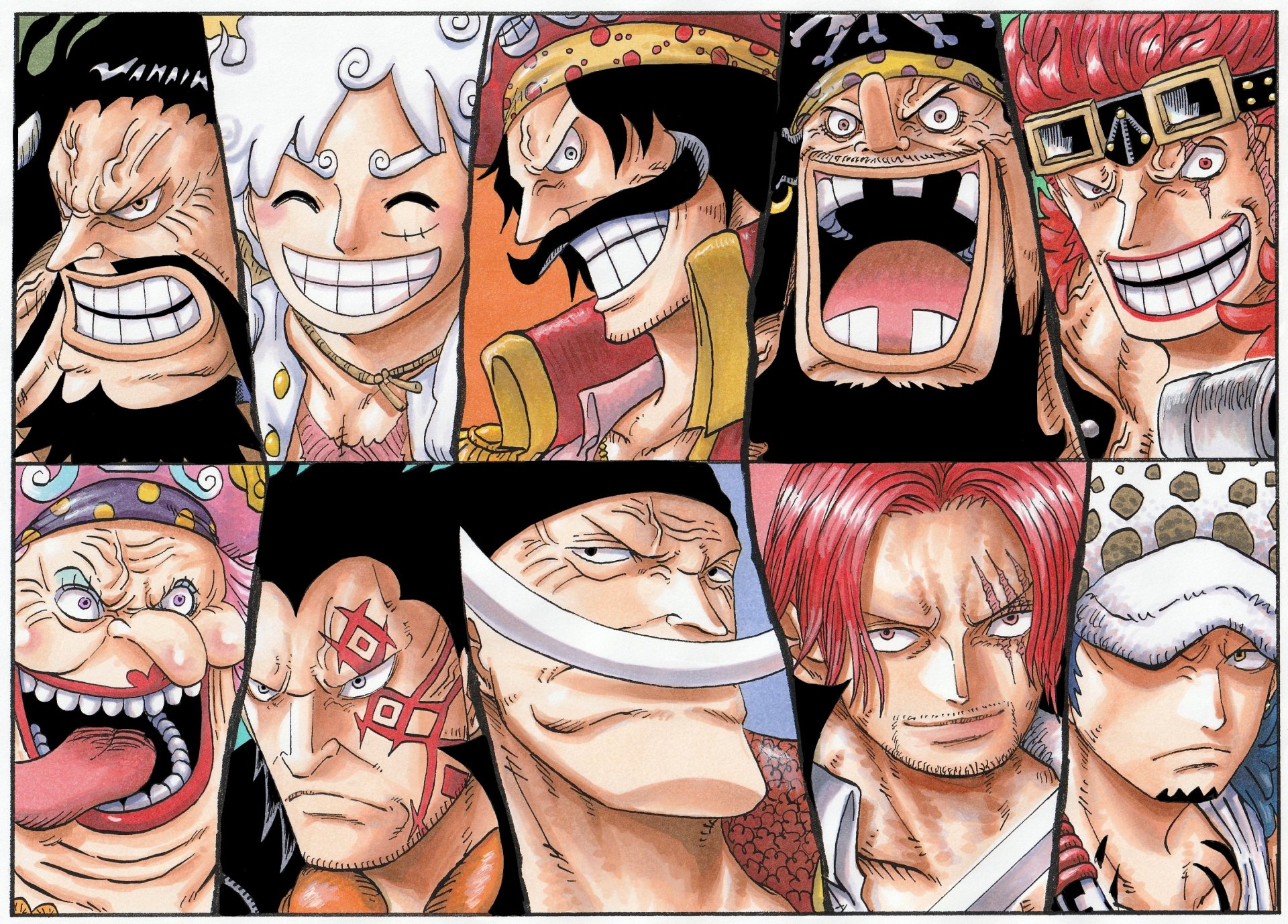 HD PC desktop wallpaper featuring vibrant anime-style portraits of key One Piece characters in a bold, dynamic collage.