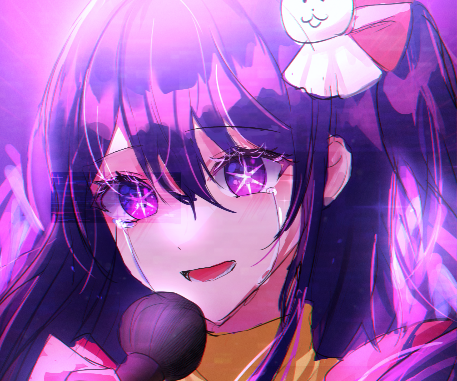 HD anime desktop wallpaper featuring Ai Hoshino from Oshi no Ko with vibrant purple hues and glowing star-shaped eyes.