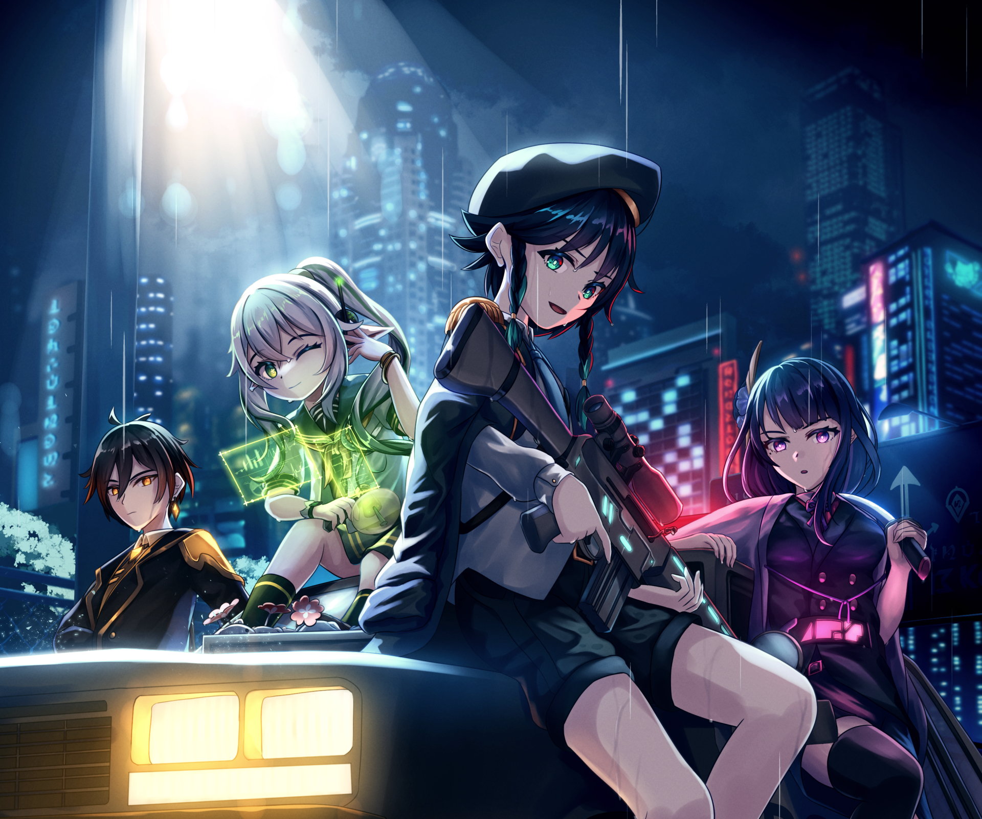 Genshin Impact video game 2K Quad HD PC desktop wallpaper: four characters perched on a car roof amid neon-lit skyscrapers in a rainy, cyberpunk city at night.