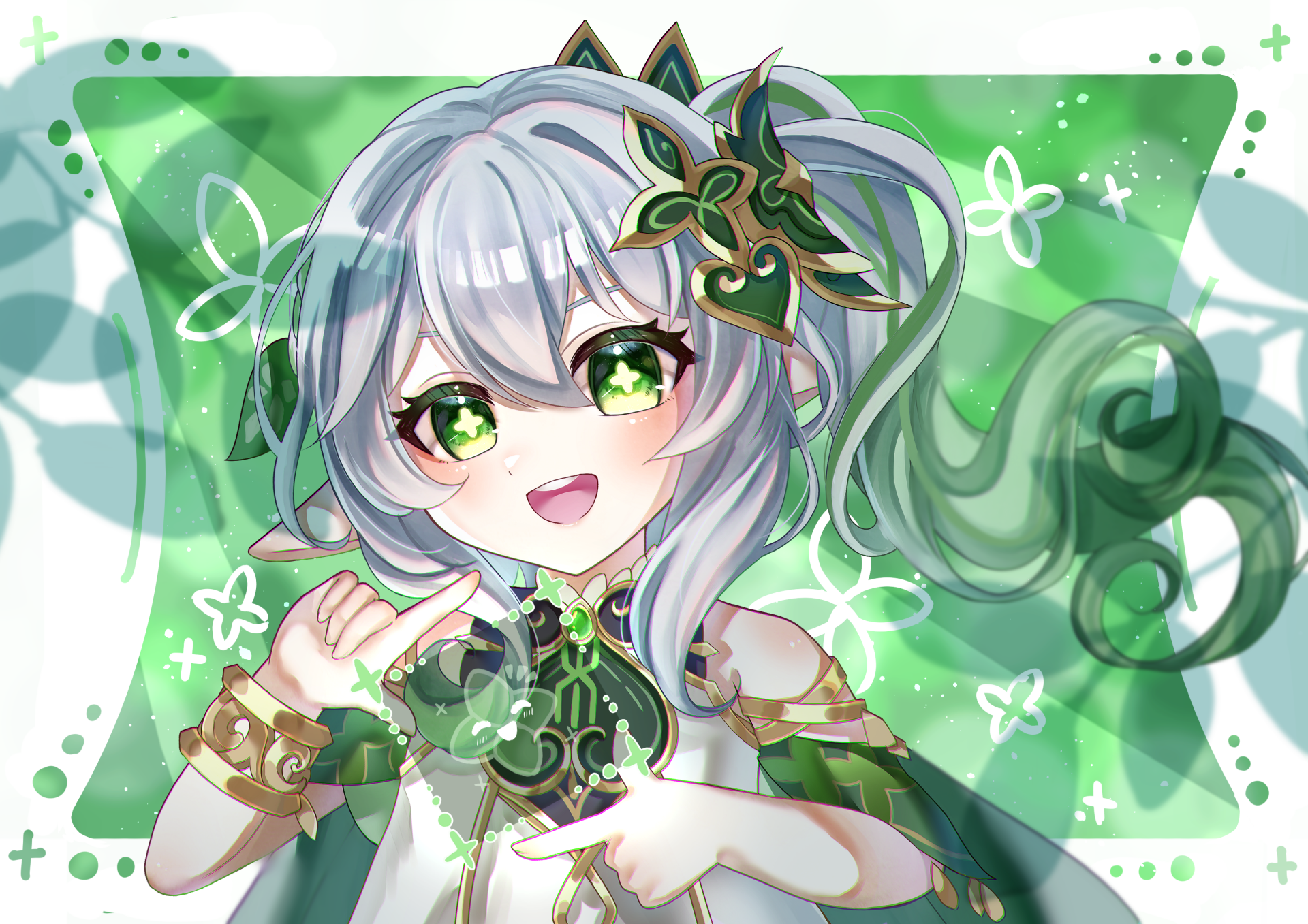 HD PC desktop wallpaper featuring Nahida from the video game Genshin Impact, showcasing her vibrant green and silver design with a playful, animated expression.