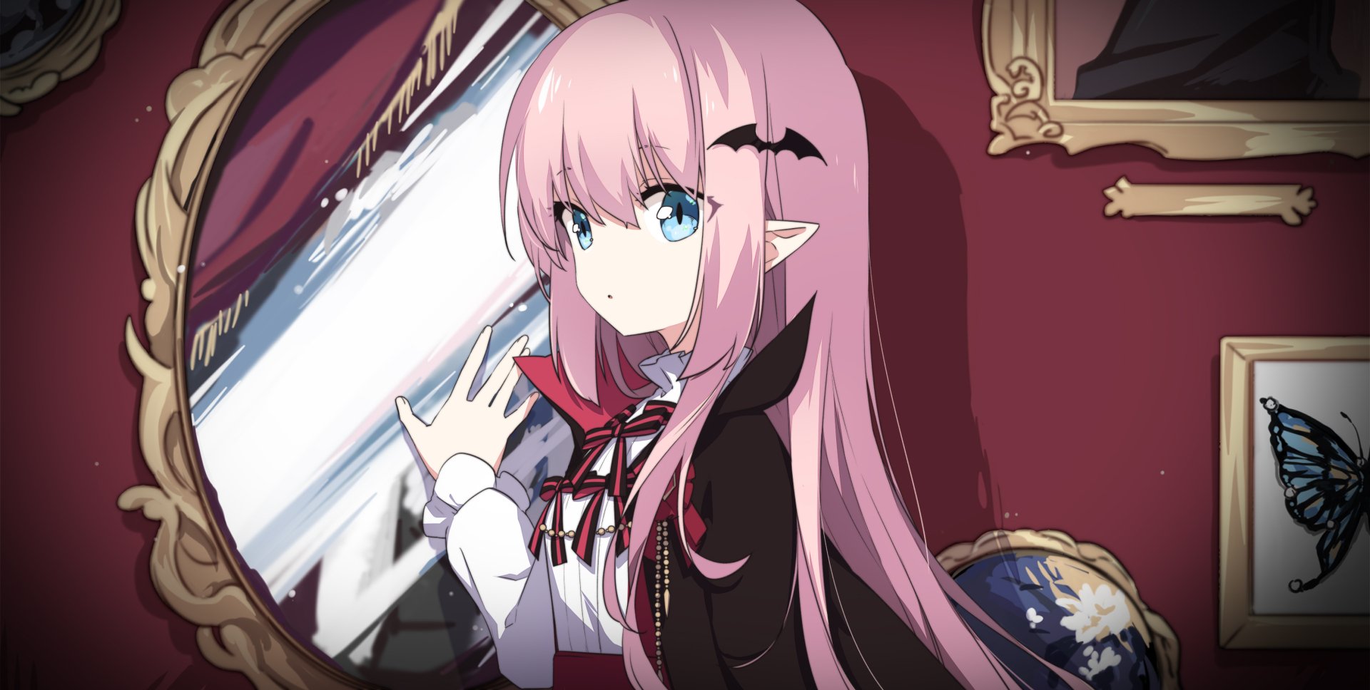 HD anime desktop wallpaper featuring a girl with long pink hair, blue eyes, and elf-like ears, set against a richly decorated background with a large mirror.
