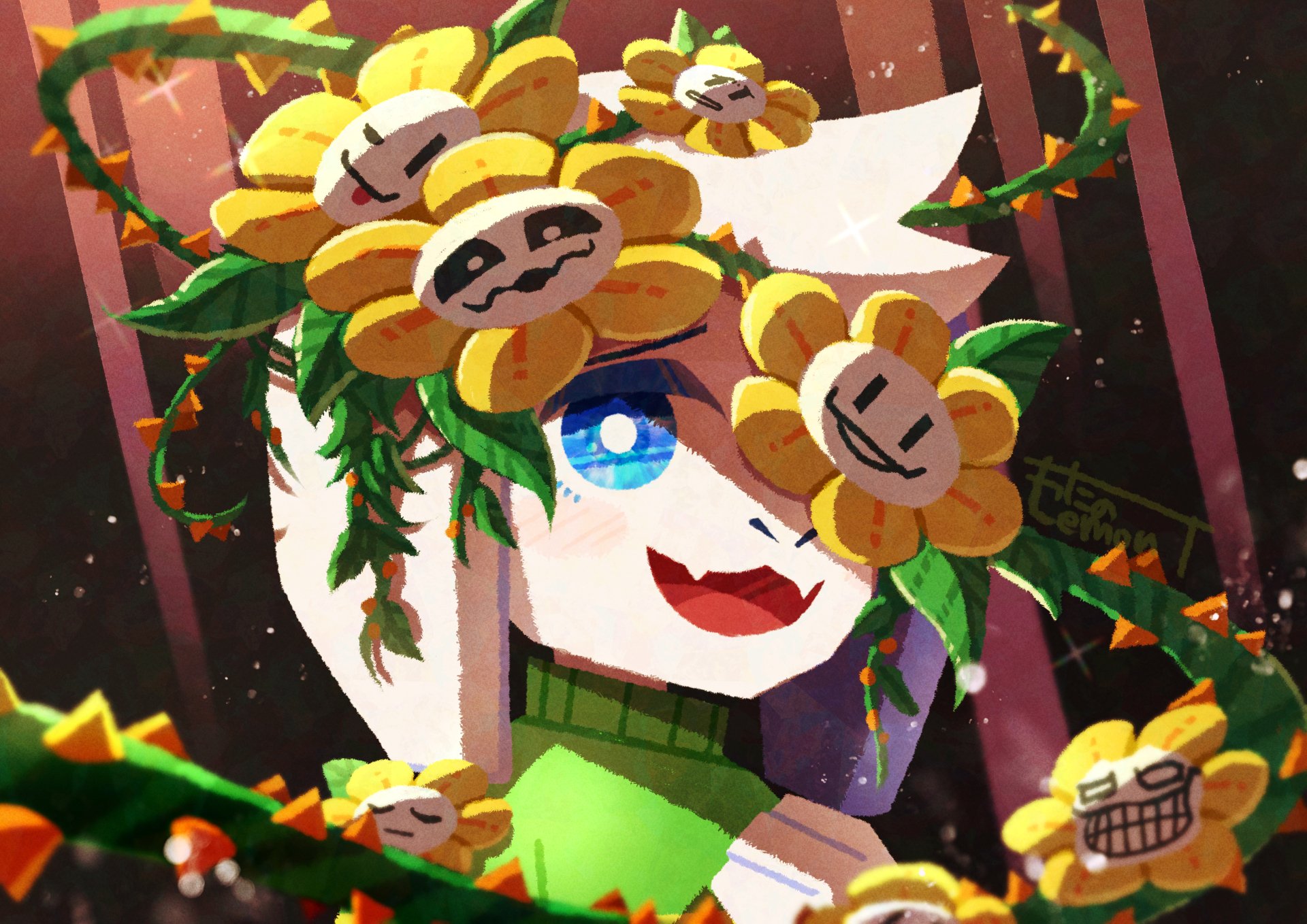 4K Ultra HD PC wallpaper featuring Asriel from Undertale surrounded by multiple Flowey faces in a vibrant, detailed video game art style.
