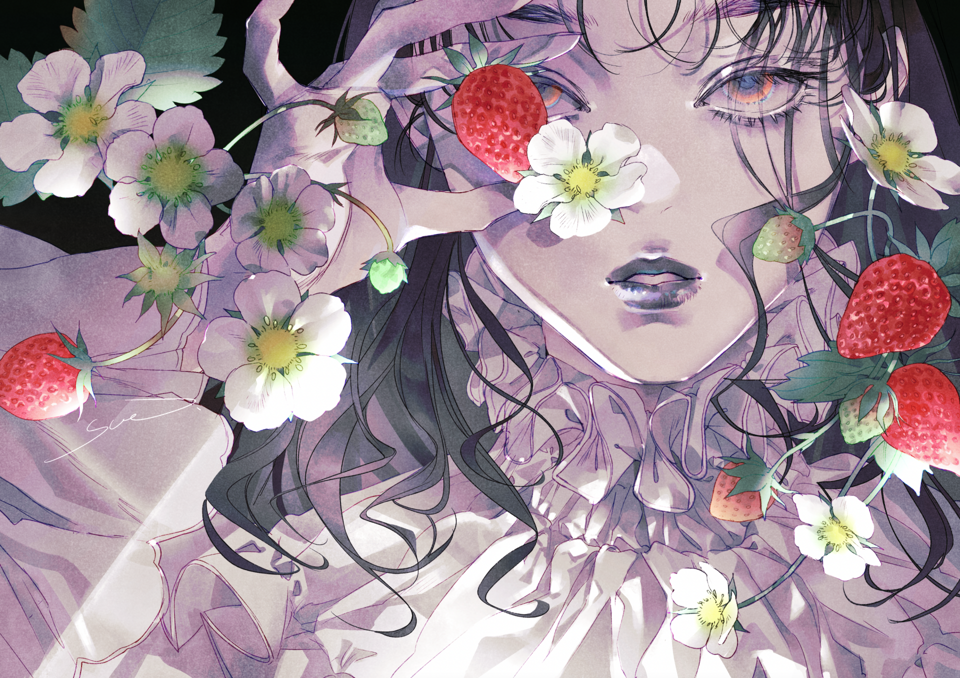 HD desktop wallpaper featuring an anime girl with dark hair surrounded by blooming flowers and strawberries.