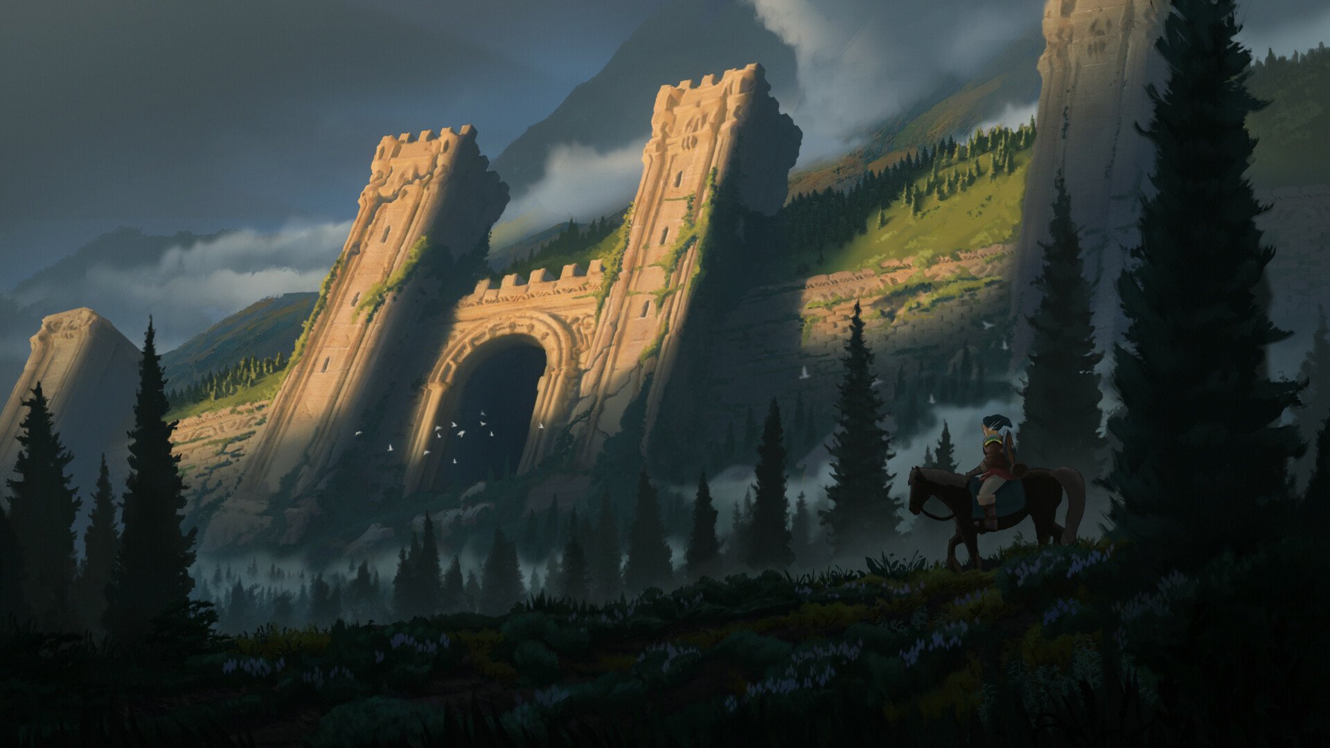 HD PC desktop wallpaper from the video game The Legend of Zelda: Tears of the Kingdom, featuring a grand fortress gate at dusk with a lone rider on horseback nearby.