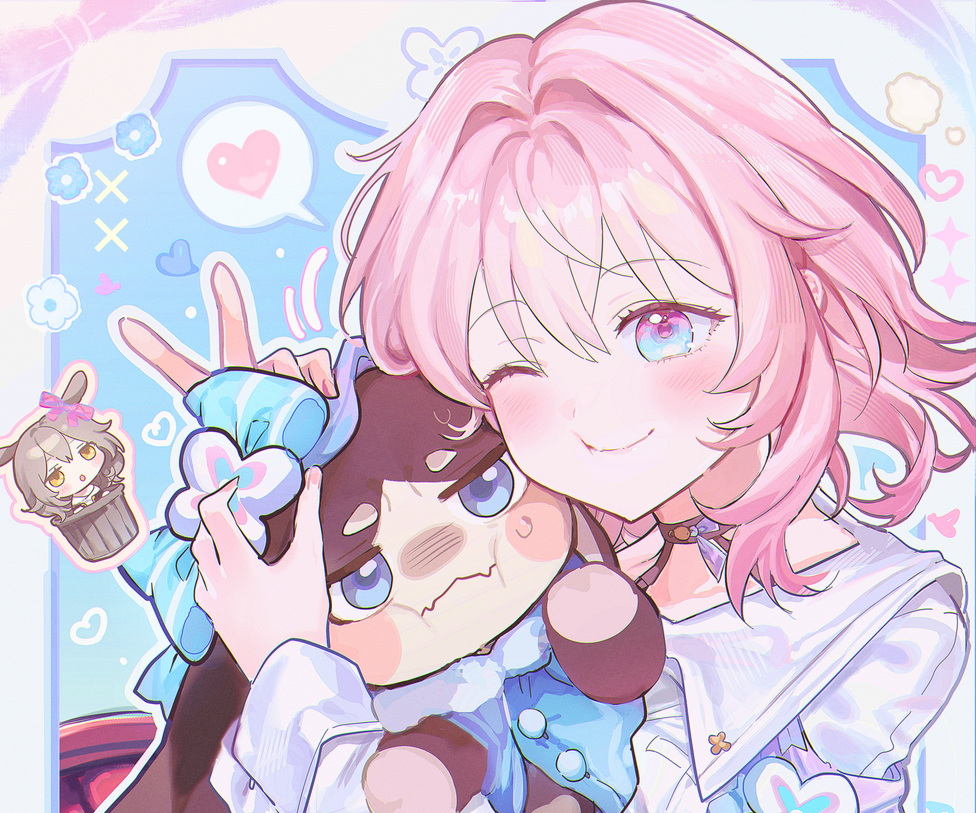 HD PC desktop wallpaper featuring March 7th and Pom-Pom from the video game Honkai: Star Rail in a colorful, playful anime-style illustration.