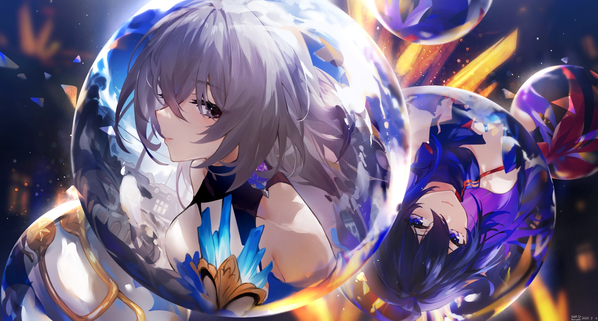 HD PC desktop wallpaper featuring Seele Vollerei and Bronya Zaychik from the video game Honkai: Star Rail with vibrant, dynamic artwork and glowing effects.