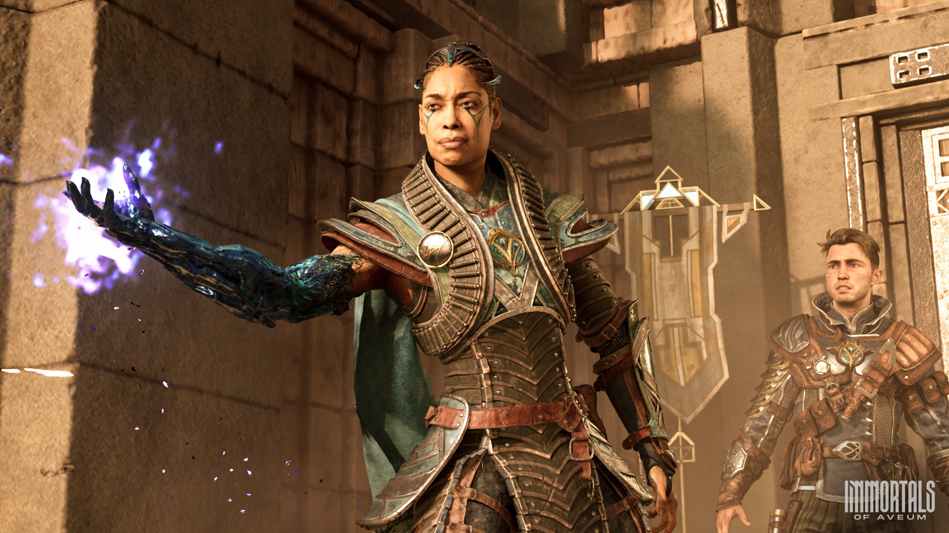 HD desktop wallpaper featuring characters from Immortals of Aveum with a focused female warrior casting a magic spell and a male warrior in the background.