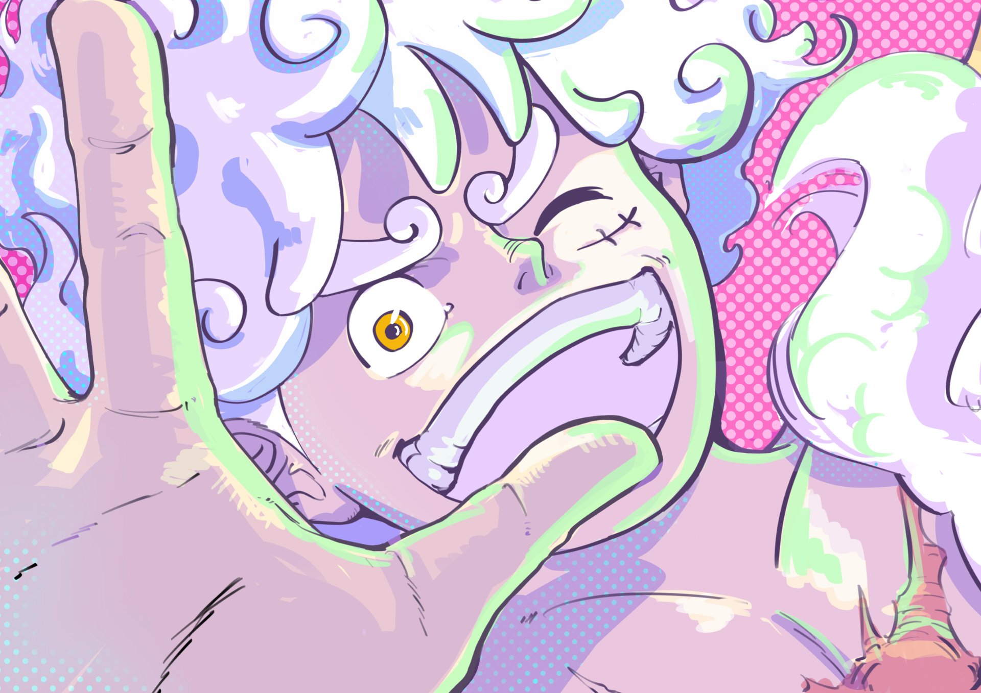 HD PC desktop wallpaper featuring Monkey D. Luffy in Gear 5 from the anime One Piece, showcasing vibrant colors and dynamic expression.