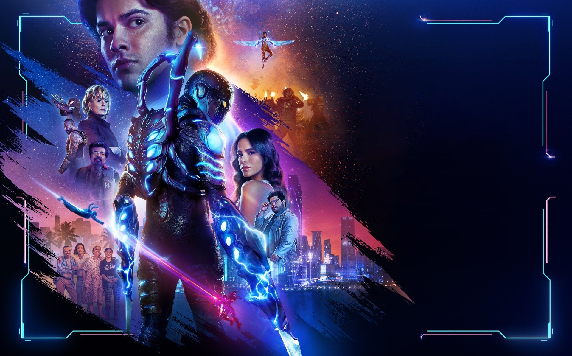 4K Ultra HD Blue Beetle movie desktop wallpaper featuring the hero in glowing armor alongside key characters and a futuristic cityscape background.