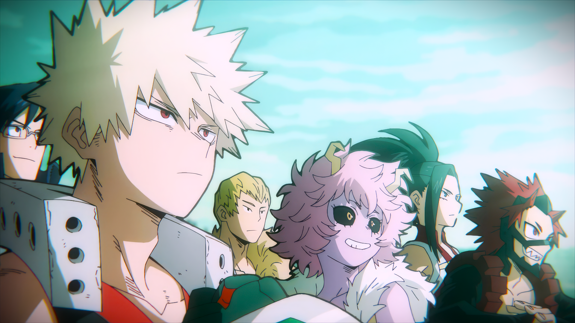 8K Ultra HD My Hero Academia anime wallpaper featuring key characters in dynamic poses, designed as a vivid PC desktop background.