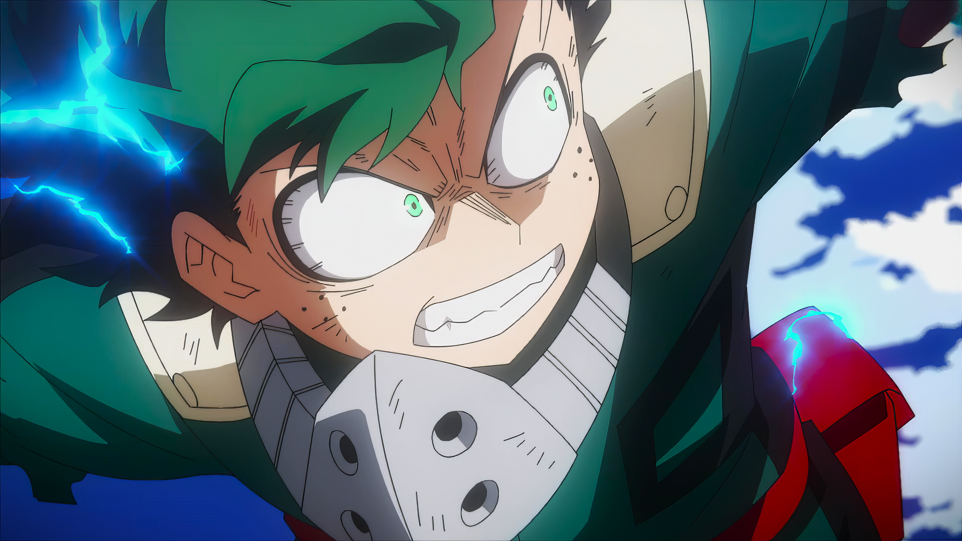 A dynamic 4K Ultra HD desktop wallpaper featuring Izuku Midoriya from the anime My Hero Academia, captured in an intense action moment with electric energy effects.