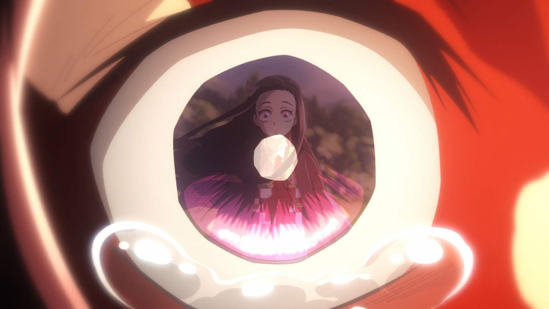 Close-up of Tanjiro Kamado's eye reflecting Nezuko from the anime Demon Slayer: Kimetsu no Yaiba, featured in an HD PC desktop wallpaper.