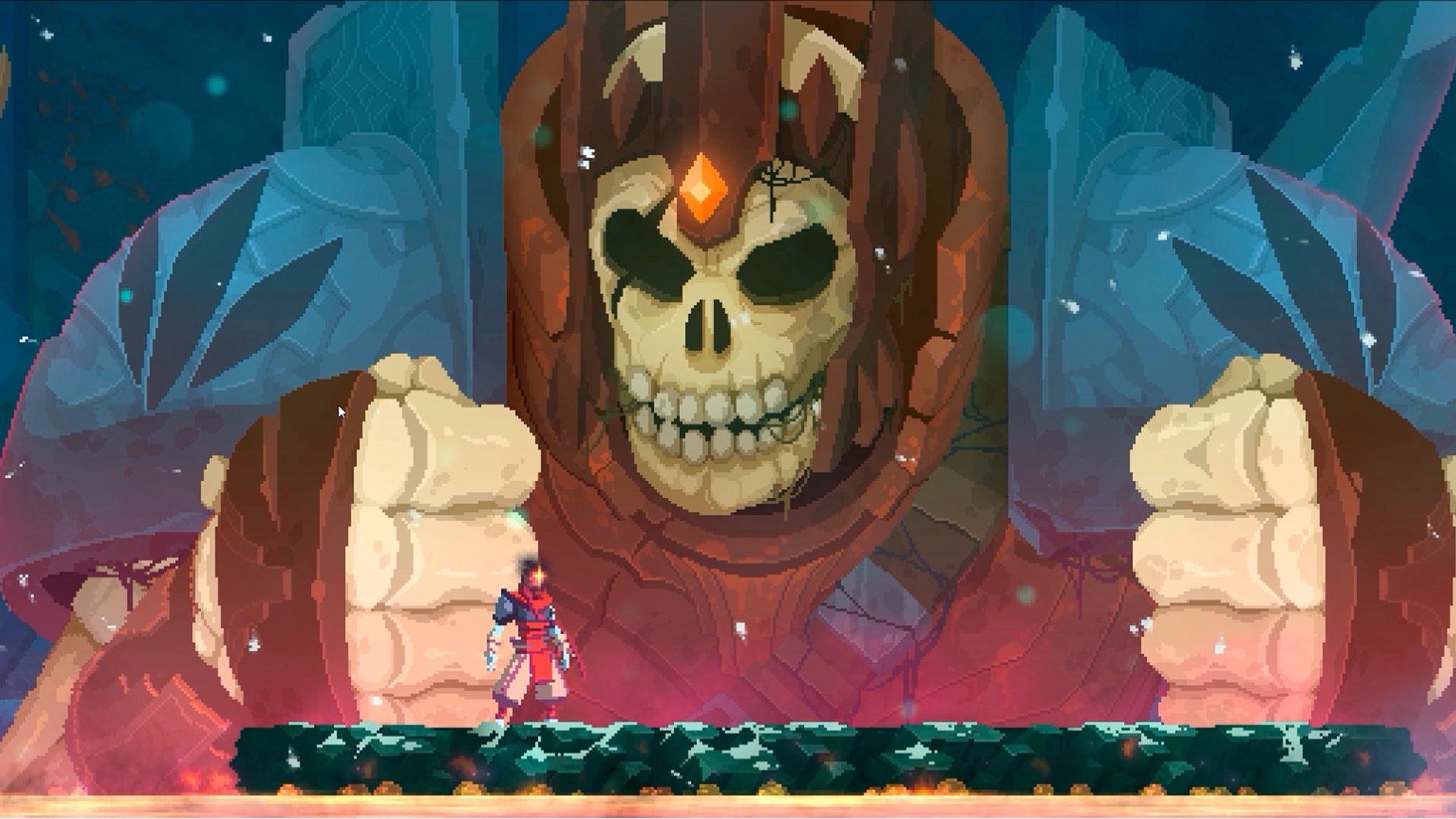 HD Dead Cells desktop wallpaper featuring the protagonist character with a giant skull in the background.