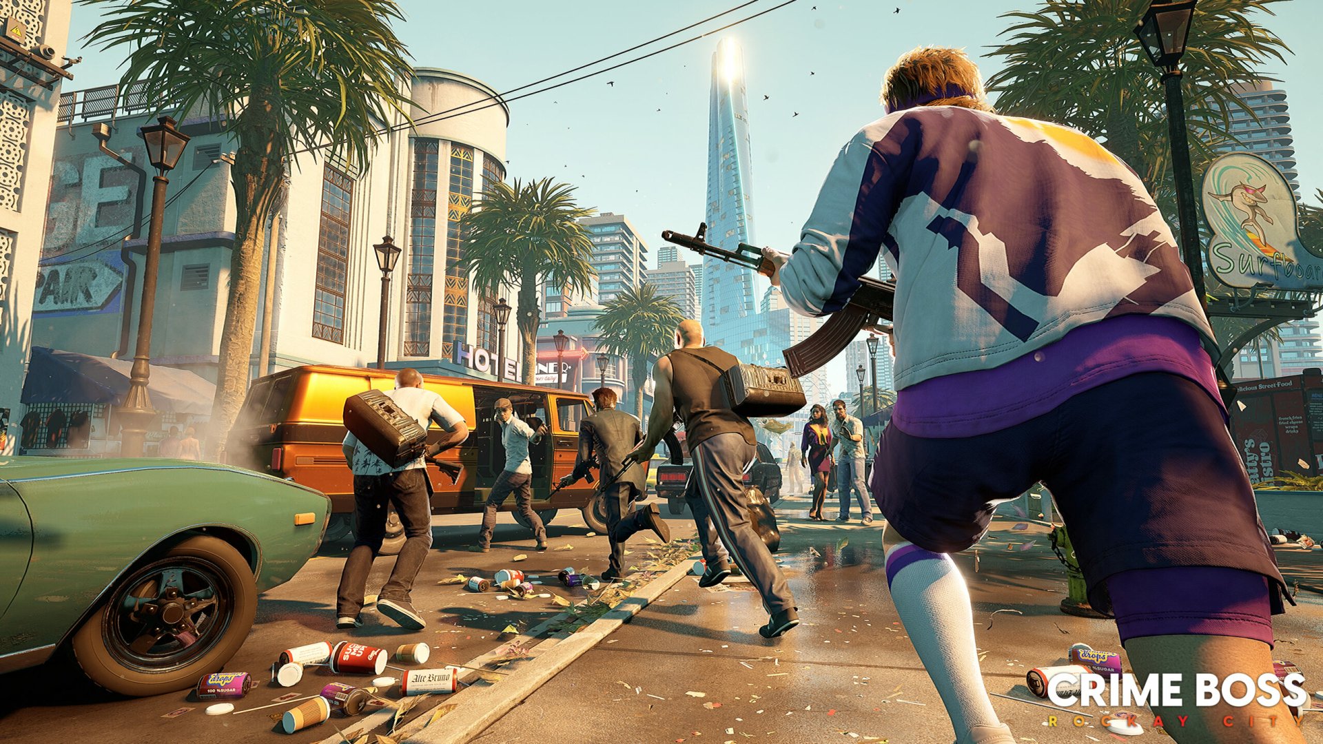 HD desktop wallpaper from Crime Boss: Rockay City video game depicting a chaotic street scene with armed characters in action.