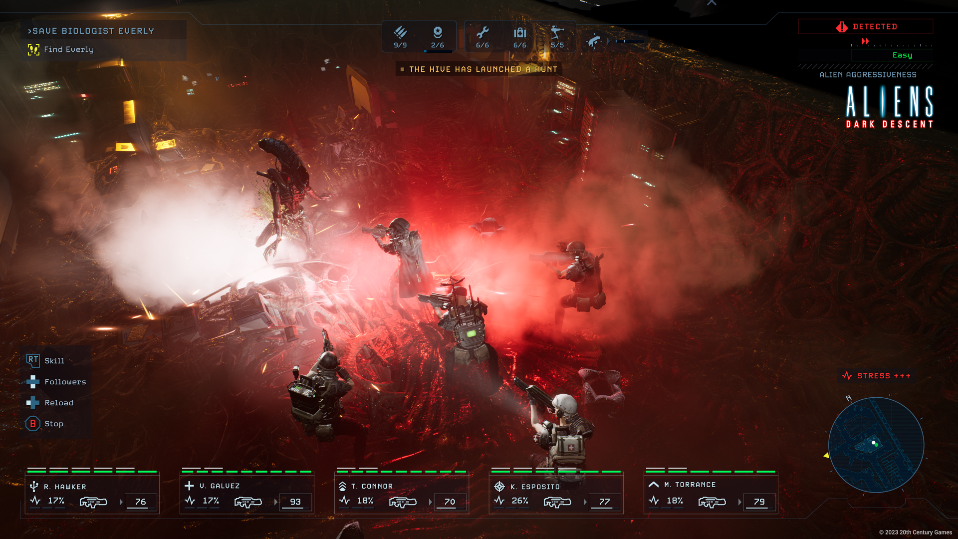 HD desktop wallpaper from the video game Aliens: Dark Descent showing a tense battle scene with soldiers fighting aliens under red lighting.