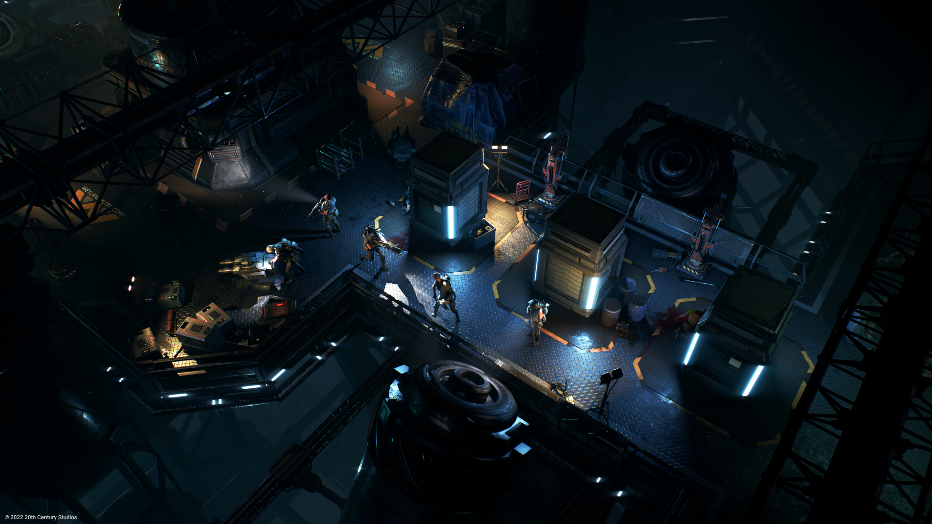 HD desktop wallpaper from the video game Aliens: Dark Descent, featuring a dimly-lit industrial scene with soldiers fighting aliens.