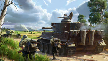 HD PC desktop wallpaper showing a detailed military scene with soldiers advancing beside a Tiger tank in a lush, open field under a cloudy sky.