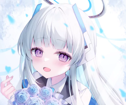 Ushio Noa from the video game Blue Archive, smiling with pastel blue hair and violet eyes while holding blue roses — 2K Quad HD PC desktop wallpaper/background.