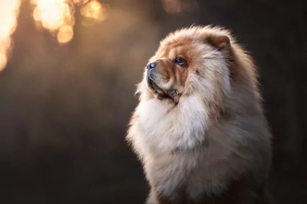 A stunning HD desktop wallpaper featuring a proud chow chow, showcasing its fluffy coat and noble profile against a softly lit, blurred background.