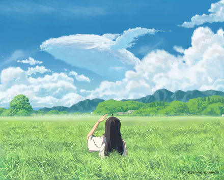 HD PC desktop wallpaper: an anime girl with long dark hair sits in a green field, gazing at fluffy clouds and a wide blue sky above distant mountains.
