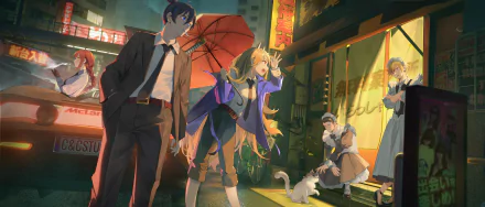 HD desktop wallpaper featuring characters Denji, Power, Aki Hayakawa, and Makima from the anime Chainsaw Man. The characters are in a vibrant city scene at night.