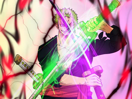 HD PC desktop wallpaper featuring Roronoa Zoro from the anime One Piece wielding three glowing swords with intense energy and dynamic lighting effects.