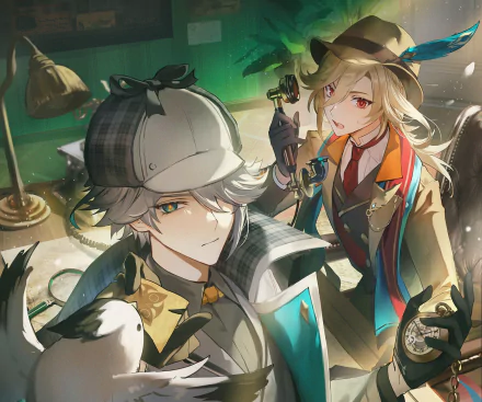 HD PC desktop wallpaper featuring Al-haitham and Kaveh from the video game Genshin Impact in a detailed, dynamic setting.