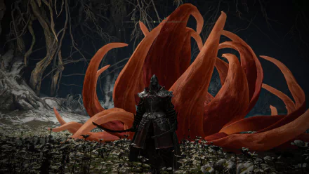 A dark armored figure stands before a massive, glowing red flower in a shadowy forest, captured in stunning detail as a 4K Ultra HD Elden Ring PC wallpaper.