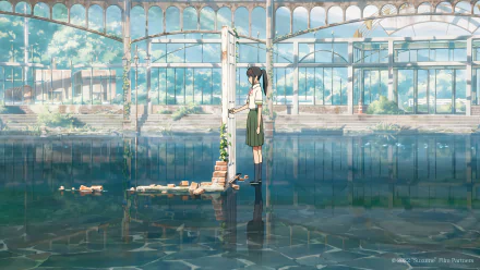 Suzume Iwato stands in a flooded, broken greenhouse under a bright sky in this 8K Ultra HD anime wallpaper from Suzume no Tojimari.