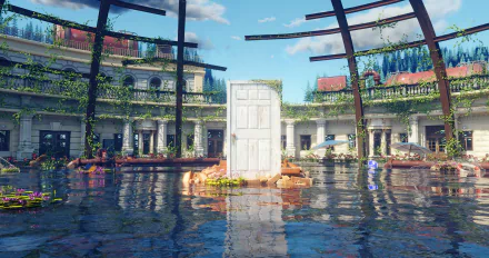 HD wallpaper featuring a scene from Suzume no Tojimari with a mysterious door standing in a flooded, lush courtyard under a clear sky.