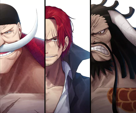 HD PC wallpaper featuring detailed anime portraits of Marshall D. Teach, Shanks, and Edward Newgate from One Piece.