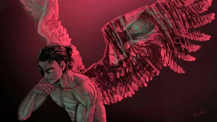 Eren Yeager from Attack on Titan stands with a intense expression, surrounded by ethereal wings and a red-tinted background, creating a dramatic anime scene for HD desktop wallpaper.