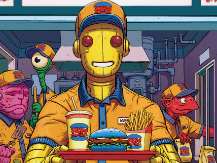 HD PC desktop wallpaper featuring Doom Patrol comic characters in a fast-food setting, highlighting vibrant colors and detailed illustration style.