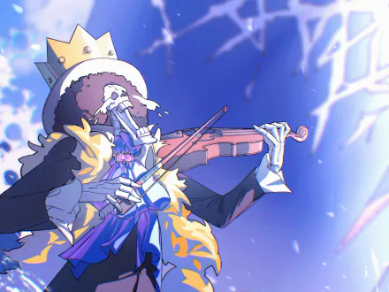A vibrant HD wallpaper featuring Brook from One Piece, depicted as a skeletal musician in a royal outfit, passionately playing the violin against a dynamic blue background.