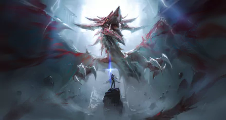 Epic 4K Ultra HD PC desktop wallpaper featuring Slifer the Sky Dragon from Yu-Gi-Oh! in a dramatic, misty battle scene with a lone figure facing the colossal dragon.