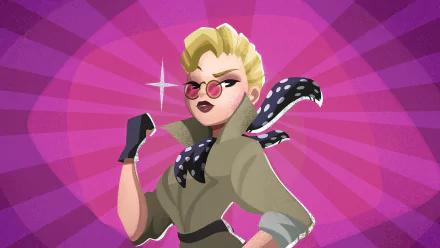 HD PC desktop wallpaper featuring a stylized female character from the video game One Military Camp with retro sunglasses and a confident pose against a vibrant purple background.