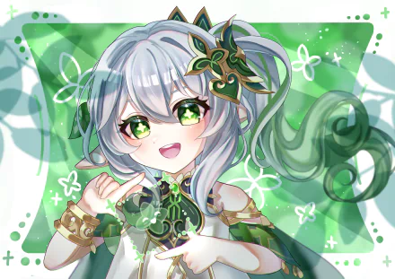 HD PC desktop wallpaper featuring Nahida from the video game Genshin Impact, showcasing her vibrant green and silver design with a playful, animated expression.