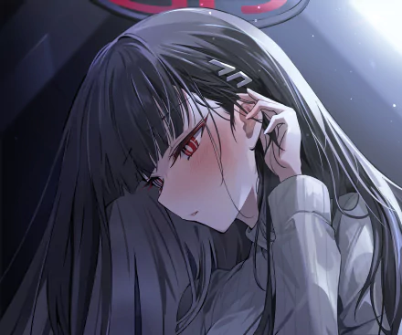 HD PC desktop wallpaper featuring Tsukatsuki Rio from the video game Blue Archive, showcasing her dark hair and red eyes in detailed anime style.