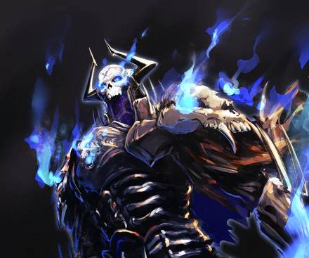 2K Quad HD anime desktop wallpaper of Assassin (Fate/Grand Order): skeletal armored figure in spiked helmet, blue spectral flames and dramatic shadows.