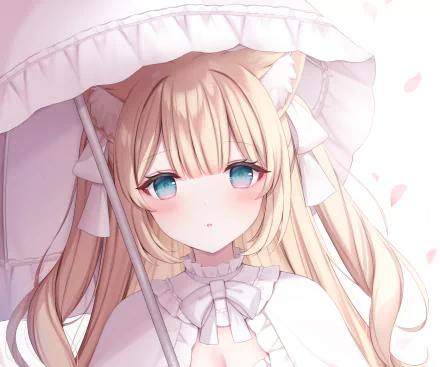 2K Quad HD PC desktop wallpaper: anime girl with long blonde hair, blue eyes and cat ears in a white frilly dress holding a parasol amid falling pink petals.