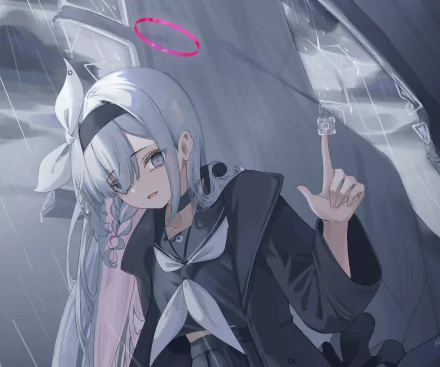 Arona (Blue Archive) — video game 5K Ultra HD PC desktop wallpaper and background: moody portrait of the character with pale braid, sailor-style uniform, and a glowing fingertip.