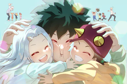 HD wallpaper of anime characters from My Hero Academia, featuring Izuku Midoriya with Eri and Kota Izumi. They are all smiling and embracing, creating a heartwarming scene.